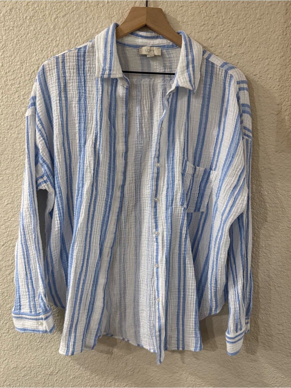 LOFT Outlet Blue White Striped Gauze Button Down | Coastal Oversized Shirt XL
